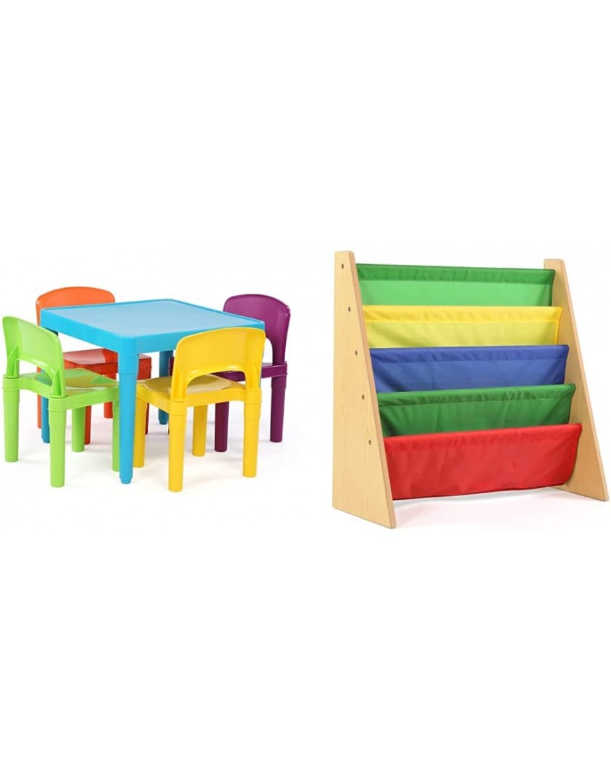 Humble Crew Blue Table & Red Green Yellow Purple Kids Lightweight Plastic Table and 4 Chairs Set Square & Kids Book Rack Storage Bookshelf 4 Tiers Wood Toddler Natural Primary - BBPOREKQF
