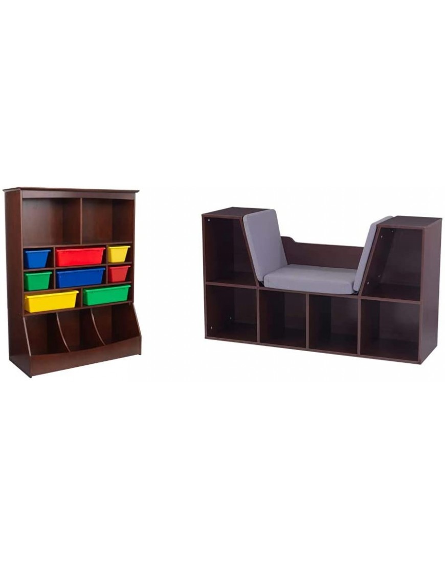 KidKraft Wooden Wall Storage Unit with 8 Plastic Bins & 13 Compartments Espresso ,53 x 20 x 8.25 & Bookcase with Reading Nook Toy Espresso - BQG8ZJ73C