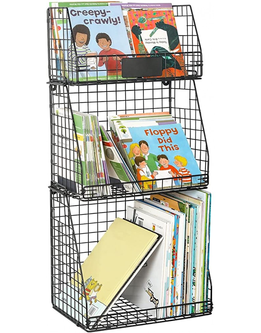 LUMAMU Metal Kids Bookshelf 3 Tier Stackable Book Basket with DIY Blackboard Storage Book Stand for Kids Bookshelf Wire Organizer for Nursery Room Bedroom Livingroom - BLHXAHTQX