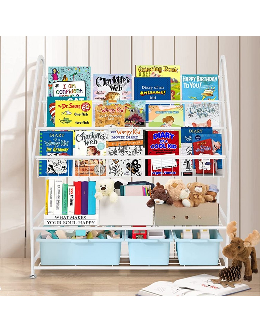 Metal Kids Bookshelf Freestanding,Book Organizer for Kids,Bookcase Rack 32in Bookshelf with 2 Tier Children's Toys Display Storage Organizer Shelves5-tier 32in,White - B3NOAIC17