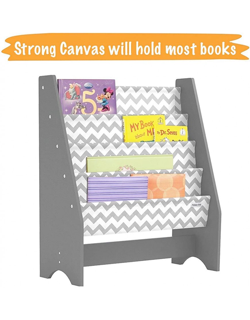 Pidoko Kids Bookshelf Grey with Chevron | Wooden Children's Sling Bookcase with Pocket Storage Book Rack Canvas Gray - BIBED6NWD