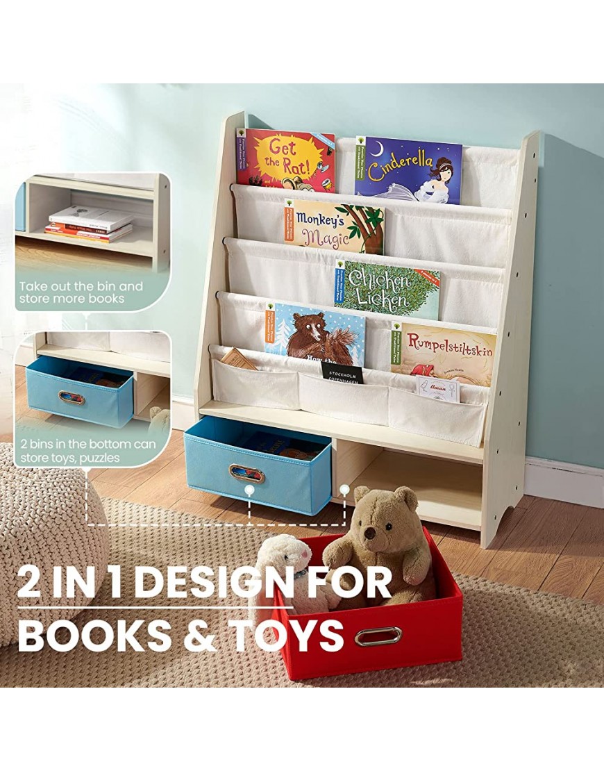 SEIRIONE Kids Book Rack 4 Sling Bookshelf 2 Storage Boxes and Toys Organizer Shelves Beige - BZ1IOC5ZN