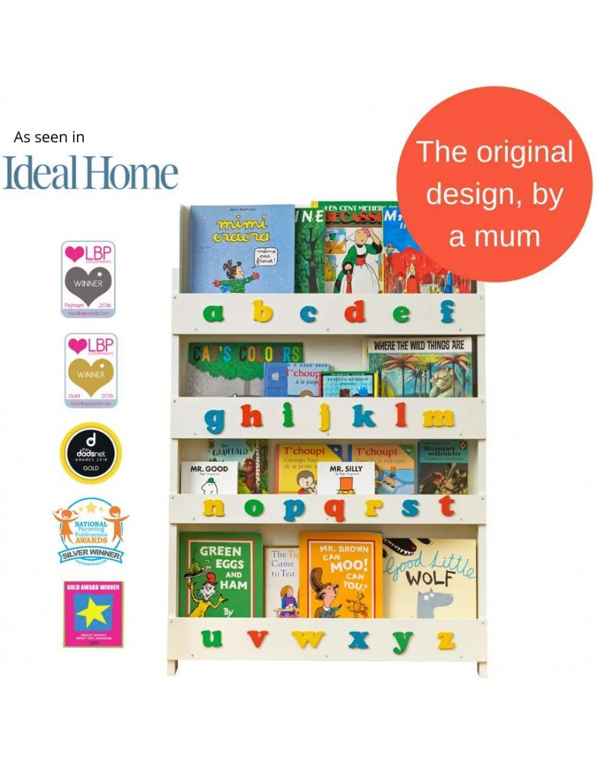 Tidy Books Kids Bookshelf | White | Wall Bookshelf for Kids with 3D Alphabet Color | Montessori Materials | Wood Bookcase | 45.3 x 30.3 x 2.8 in | ECO Friendly | Handmade The Original Since 2004 - BVKFUADYM
