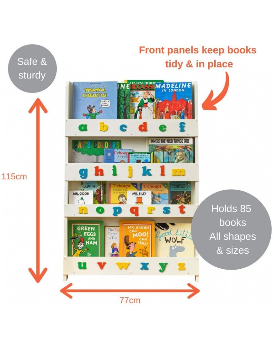 Tidy Books Kids Bookshelf | White | Wall Bookshelf for Kids with 3D Alphabet Color | Montessori Materials | Wood Bookcase | 45.3 x 30.3 x 2.8 in | ECO Friendly | Handmade The Original Since 2004 - BVKFUADYM