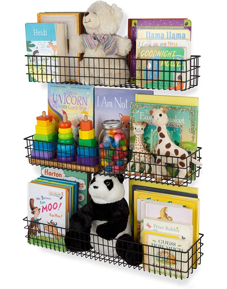 Wall35 Kansas Wall Mounted Black Bookshelf for Kids' Room Decor Metal Wire Storage Basket Set of 3 Varying Sizes - BK5B465XH