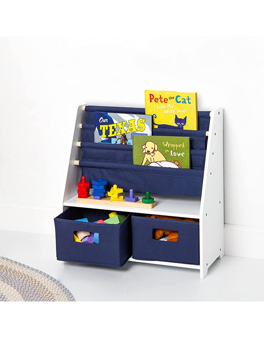 Wildkin Kids Canvas Sling Bookshelf with Storage for Boys and Girls Wooden Design Features Four Shelves and Two Drawers Helps Keep Bedrooms Playrooms & Classrooms Organized White w Blue Canvas - BFEPEKNQE