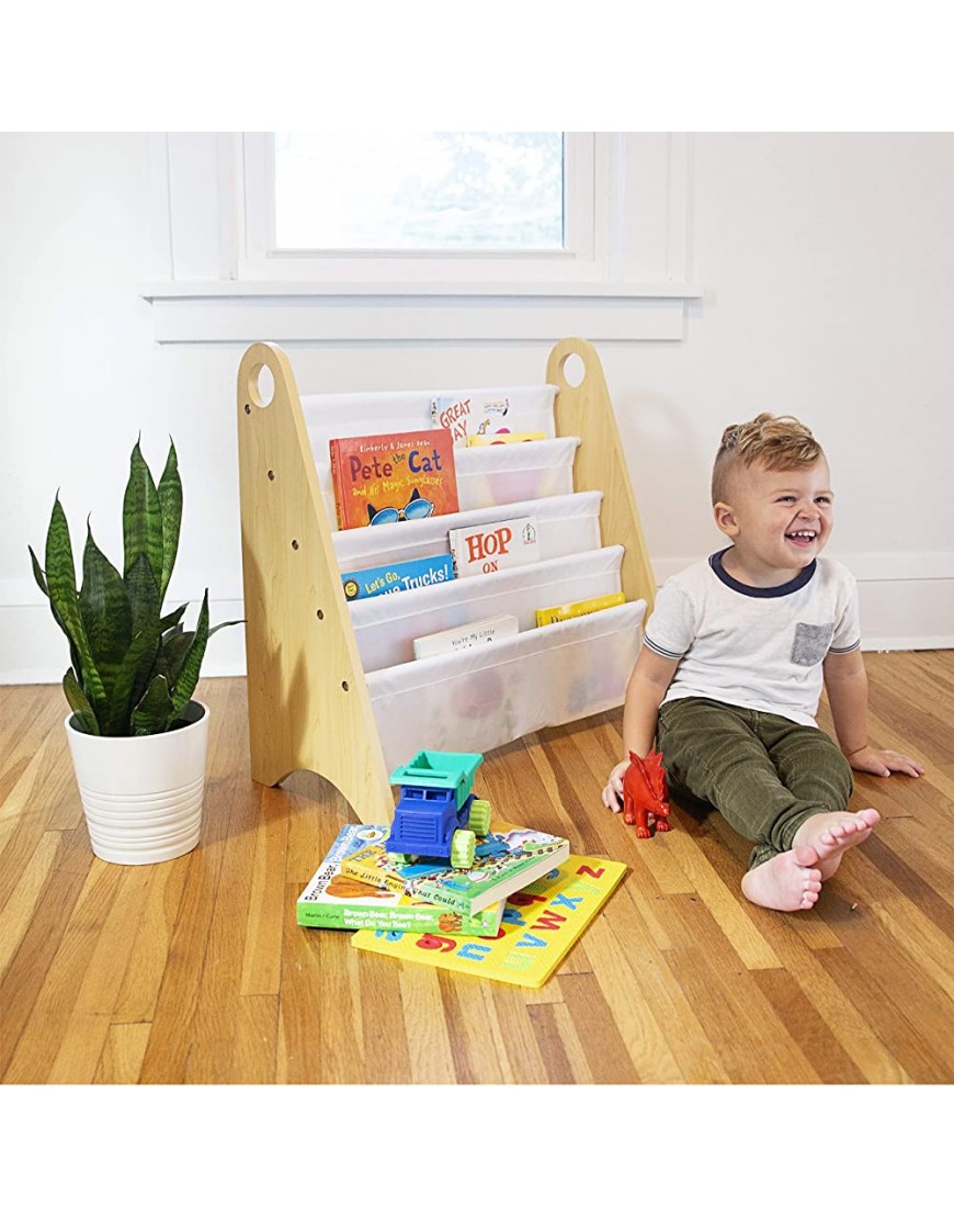 Wildkin Kids Modern Sling Bookshelf for Boys and Girls Wooden Design Features Two Top Handles and Four Fabric Shelves Helps Keep Bedrooms Playrooms and Classrooms Organized Natural and White - BHONZ6LTS