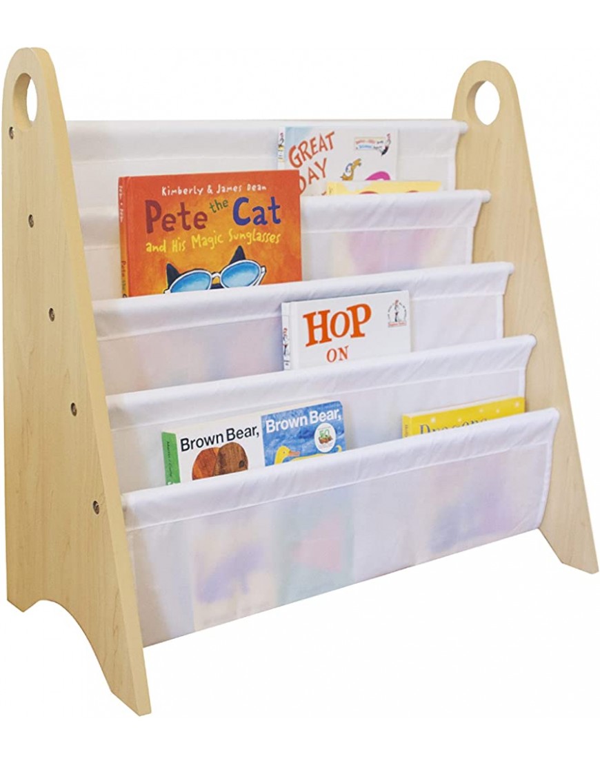 Wildkin Kids Modern Sling Bookshelf for Boys and Girls Wooden Design Features Two Top Handles and Four Fabric Shelves Helps Keep Bedrooms Playrooms and Classrooms Organized Natural and White - BHONZ6LTS