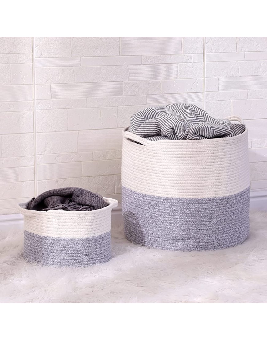 2pc Large Woven Cotton Rope Basket with Handles 18 x 15 Laundry Hamper Blanket Basket Living Room Basket for Toys-Decorative Baskets for Storage Pillow Basket White&Grey - BXZP6PYW1