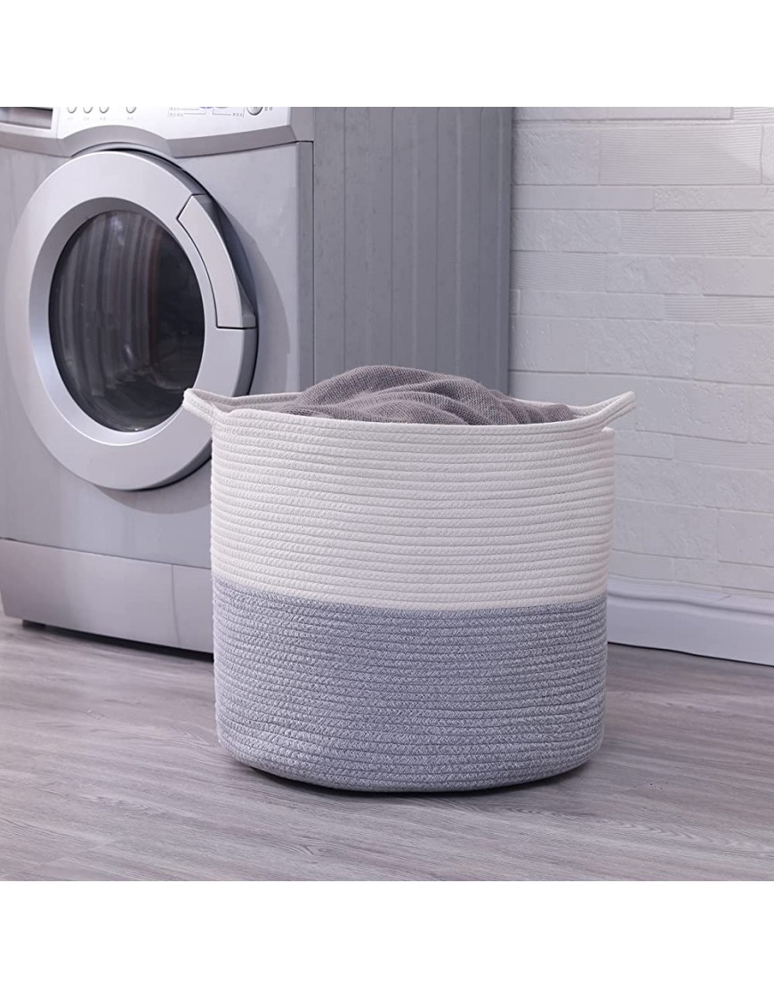 2pc Large Woven Cotton Rope Basket with Handles 18 x 15 Laundry Hamper Blanket Basket Living Room Basket for Toys-Decorative Baskets for Storage Pillow Basket White&Grey - BXZP6PYW1