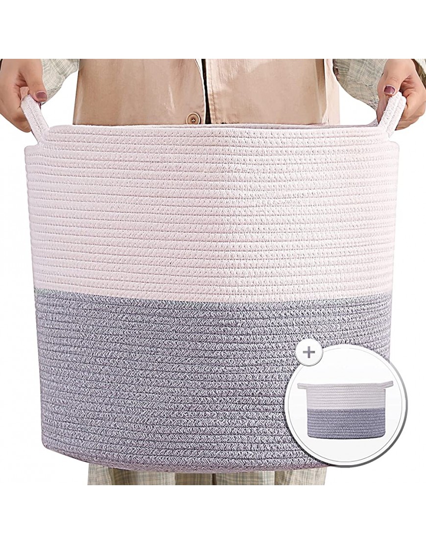 2pc Large Woven Cotton Rope Basket with Handles 18" x 15" Laundry Hamper Blanket Basket Living Room Basket for Toys-Decorative Baskets for Storage Pillow Basket White&Grey - BXZP6PYW1