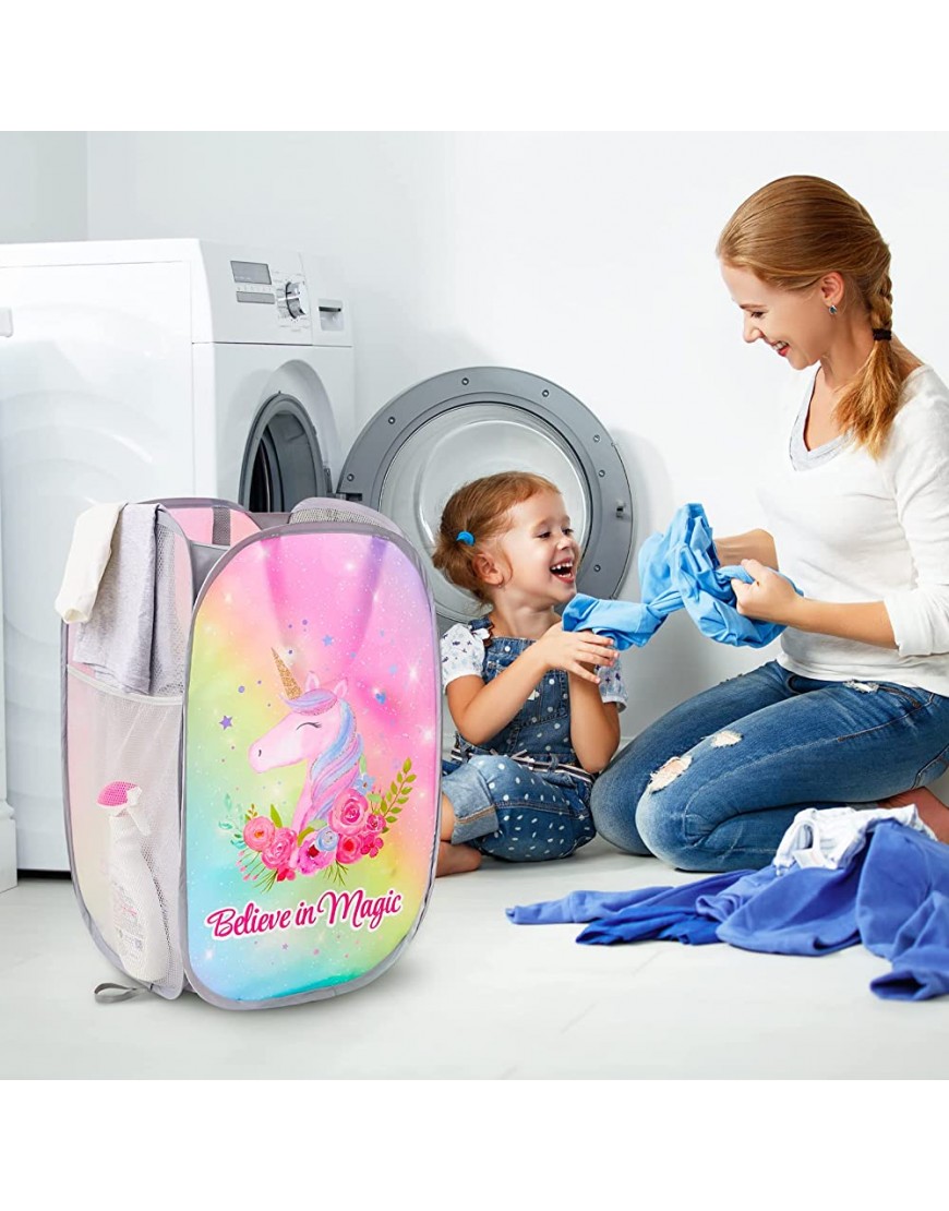 Basumee Unicorn Kids Laundry Hamper Collapsible Laundry Baskets Pop Up Hamper Mesh Dirty Clothes Laundry Basket Foldable Hampers with Side Pocket for Nursery Room Rainbow - B5RIZTW48