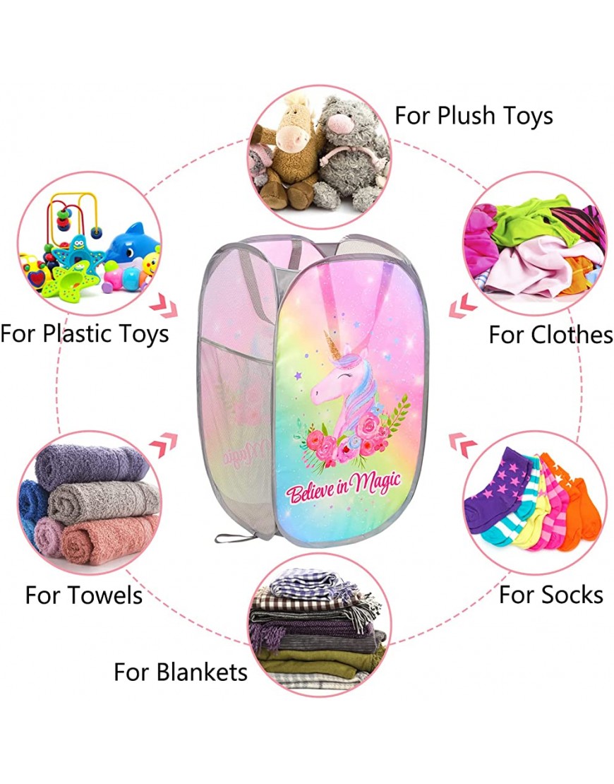 Basumee Unicorn Kids Laundry Hamper Collapsible Laundry Baskets Pop Up Hamper Mesh Dirty Clothes Laundry Basket Foldable Hampers with Side Pocket for Nursery Room Rainbow - B5RIZTW48