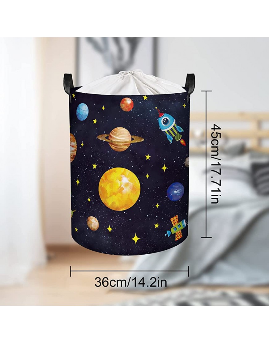 Clastyle 45L Boys Black Planets Nursery Hamper Collapsible Outer Space Laundry Basket with Drawstring Waterproof Kids Room Storage Basket with Handle 14 * 17.7 in - BO50CTQPW