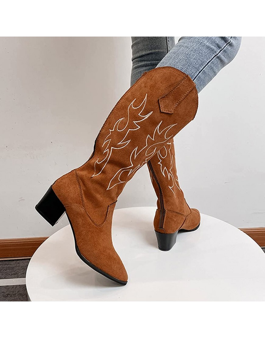 Fullwei Boot for Women,Women Vintage Cowgirl Embroidery Combat Cowboy Booties Knee High Boot Ladies Casual Western Tight High Motorcycle Riding Boot Walking Shoe Brown-2 7.5 - BPG66KSW9