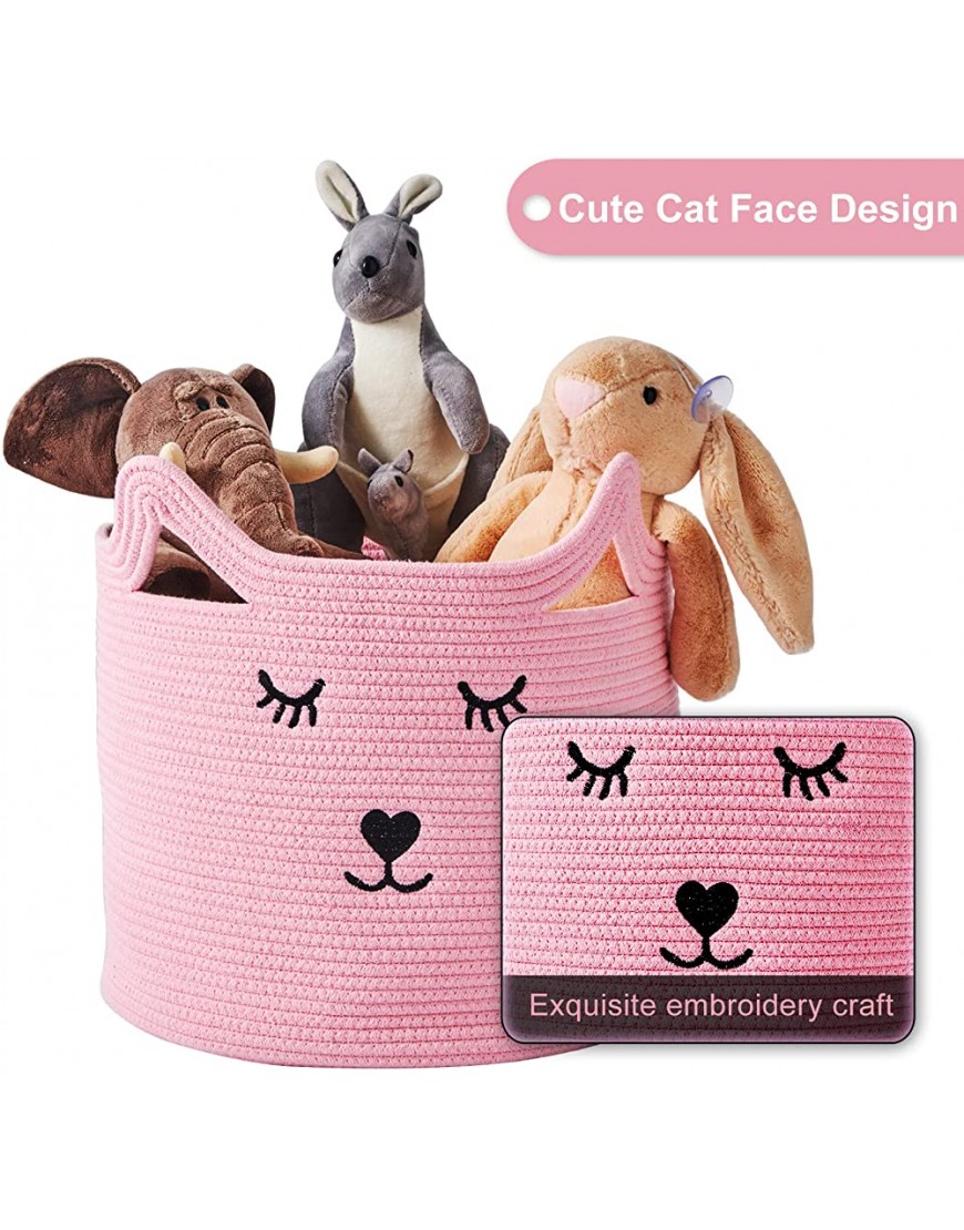 InfiBay Toy Storage Basket with Cute Cat Design Baby Basket for Nursery Cute Nursery Storage Basket for Baby Toys Pink Woven Cotton Rope Basket with Reinforced Handles 15.7 ”D x 14.6”H - B614TX10M