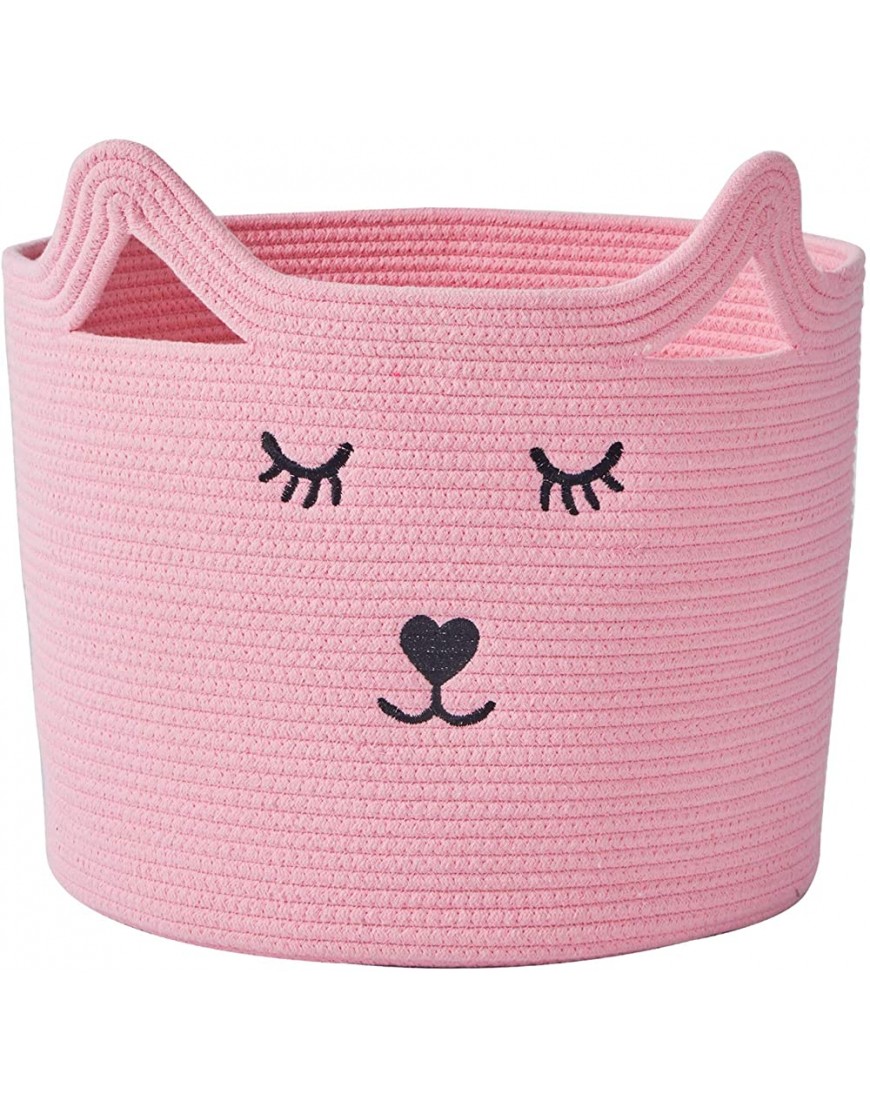 InfiBay Toy Storage Basket with Cute Cat Design Baby Basket for Nursery Cute Nursery Storage Basket for Baby Toys Pink Woven Cotton Rope Basket with Reinforced Handles 15.7 ”D x 14.6”H - B614TX10M