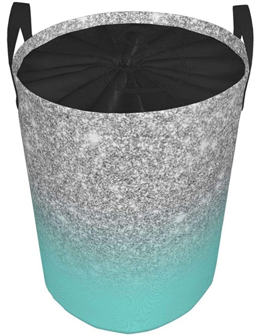 Janrely Large Round Storage Basket with Handles,Modern Girly Faux Silver Glitter Ombre Teal Ocean Color Bock,Waterproof Coating Organizer Bin Laundry Hamper for Nursery Clothes Toys 21.5x 16.5 - BZZDBCMX4