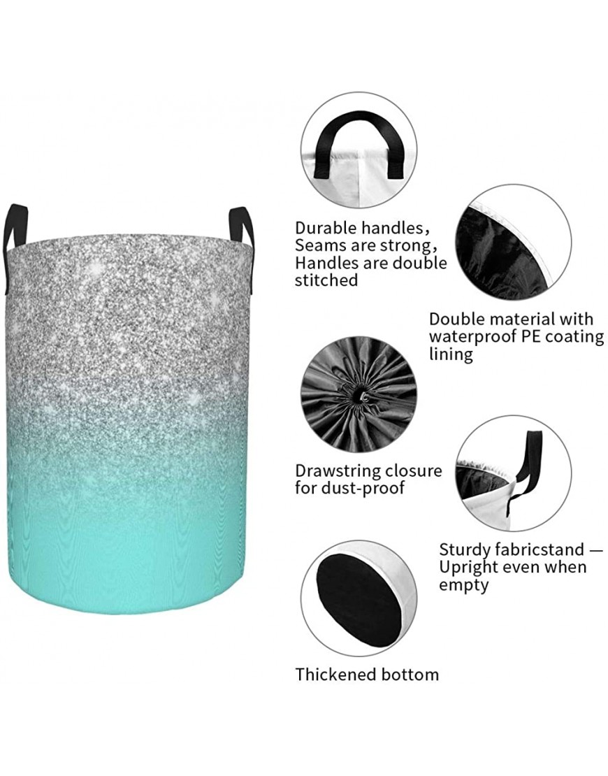 Janrely Large Round Storage Basket with Handles,Modern Girly Faux Silver Glitter Ombre Teal Ocean Color Bock,Waterproof Coating Organizer Bin Laundry Hamper for Nursery Clothes Toys 21.5x 16.5 - BZZDBCMX4