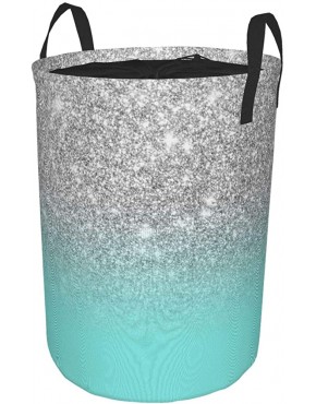Janrely Large Round Storage Basket with Handles,Modern Girly Faux Silver Glitter Ombre Teal Ocean Color Bock,Waterproof Coating Organizer Bin Laundry Hamper for Nursery Clothes Toys 21.5"x 16.5" - BZZDBCMX4