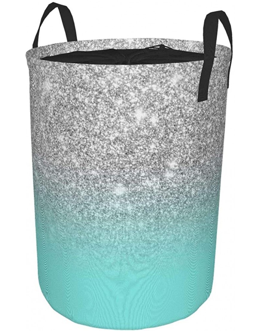 Janrely Large Round Storage Basket with Handles,Modern Girly Faux Silver Glitter Ombre Teal Ocean Color Bock,Waterproof Coating Organizer Bin Laundry Hamper for Nursery Clothes Toys 21.5"x 16.5" - BZZDBCMX4