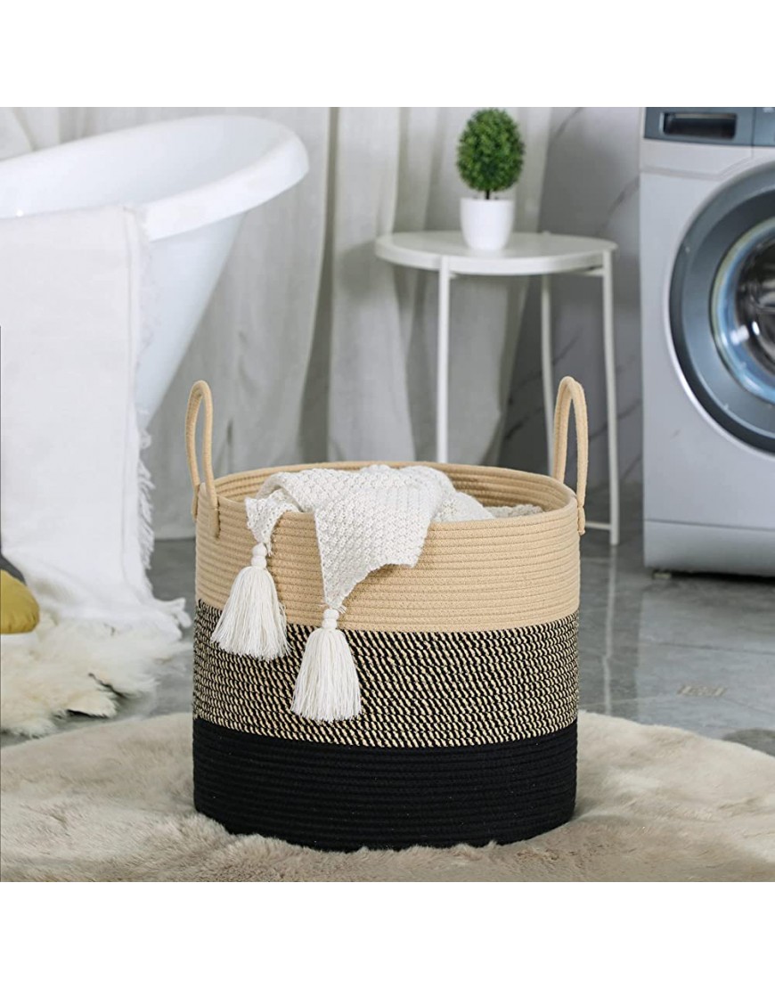 KAKAMAY Large Blanket Basket 18x18x16,Woven Baby Laundry Hamper for Storage Cotton Rope Blankets Baskets for Nursery Laundry Living Room Pillows Baby Toy Chest with Handles Black - BM70CN1I5