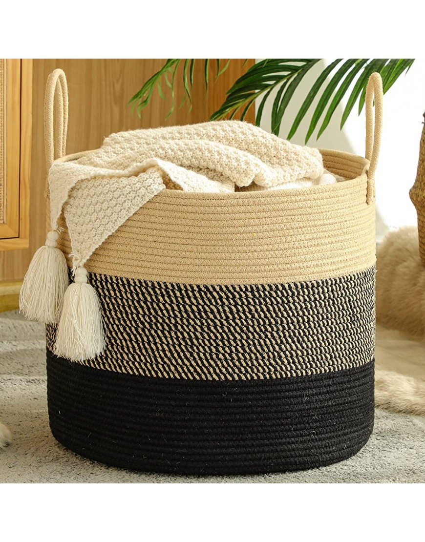 KAKAMAY Large Blanket Basket 18x18x16,Woven Baby Laundry Hamper for Storage Cotton Rope Blankets Baskets for Nursery Laundry Living Room Pillows Baby Toy Chest with Handles Black - BM70CN1I5