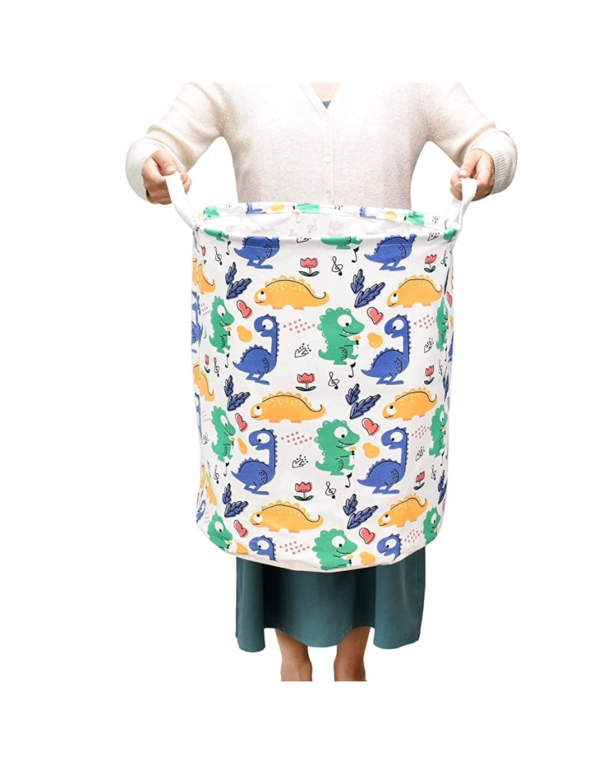 Laundry Basket Canvas Waterproof Round Collapsible Cute Animal Dinosaur Pattern Clothes Storage Bin with Handles for Toy Books Holder,Baby Hamper,Home Decoration,Kids Room Green,15.7”x 15.7”x 19.7” - BXF65QVO8