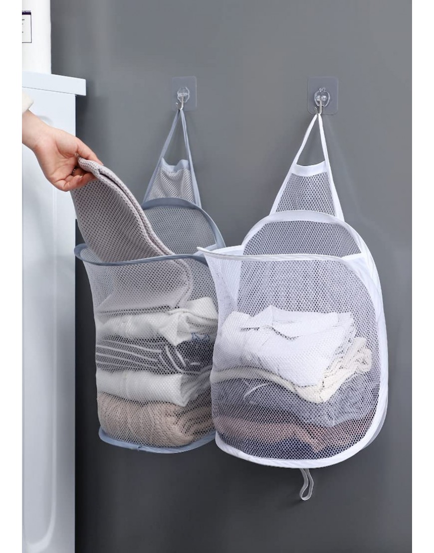 Pop-up Hanging Laundry Hamper,Foldable Baby Kids Dirty Clothes Basket Over The Door Mesh Hamper Easy to Open and Fold for Store Cloth Toy Camping Hotel Use 2 Pack,Gray + White - BUIF0QO9P