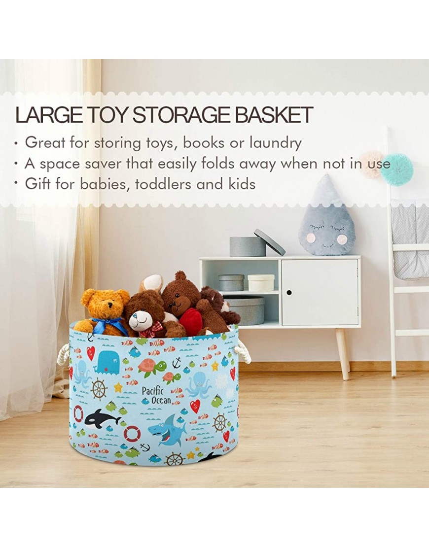 Sharks Fishes Octopus Sea Turtle Underwater Life Round Storage Basket Bin Waterproof Laundry Hamper Large Collapsible Bucket Baby Nursery Organizer with Handles for Bathroom Toys Clothes - BQUBJQUOL