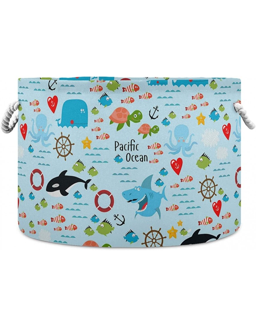 Sharks Fishes Octopus Sea Turtle Underwater Life Round Storage Basket Bin Waterproof Laundry Hamper Large Collapsible Bucket Baby Nursery Organizer with Handles for Bathroom Toys Clothes - BQUBJQUOL