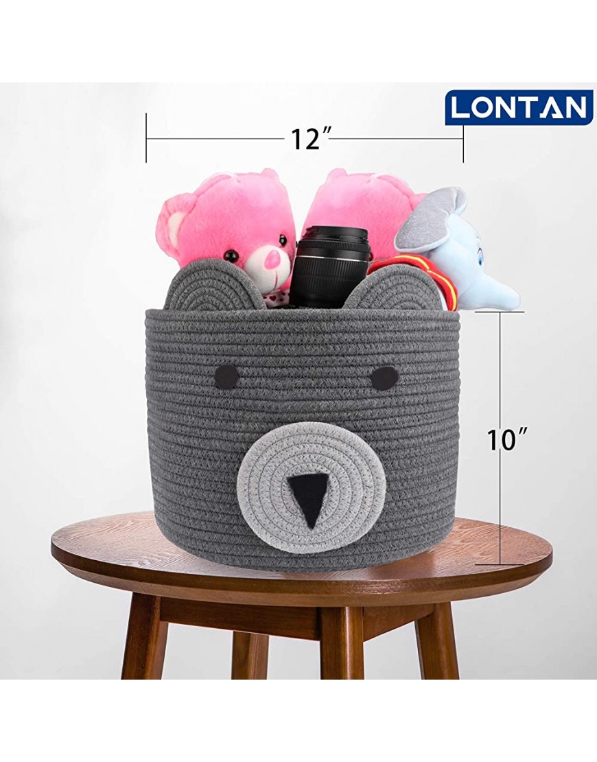 Woven Storage Basket Collapsible Laundry Hampers | LONTAN Decorative Medium Cotton Rope Basket Round Baby Hamper for Toys Snacks 12''X10'' Bear Pattern Gray - BN7FLYPAM