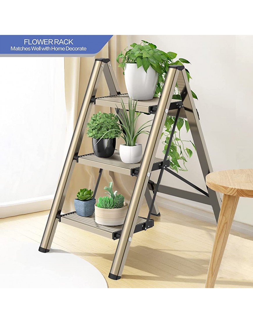 3 Step Ladder Aluminum Folding Step Stool with Anti-Slip Sturdy and Wide Pedal Lightweight Portable Stepladder for Home and Kitchen Use Space Saving Gold 330 lbs - BJRA4C9N2