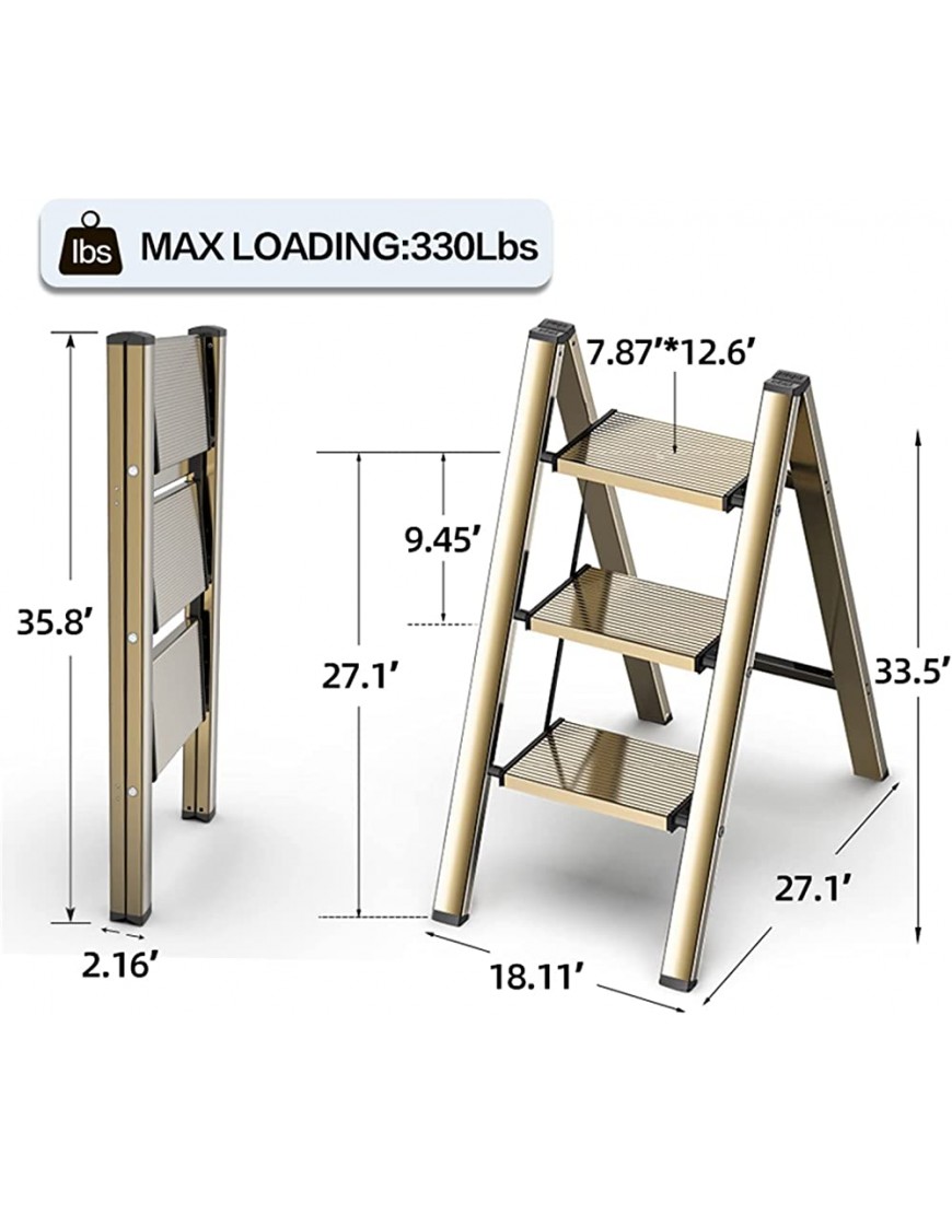 3 Step Ladder Aluminum Folding Step Stool with Anti-Slip Sturdy and Wide Pedal Lightweight Portable Stepladder for Home and Kitchen Use Space Saving Gold 330 lbs - BJRA4C9N2