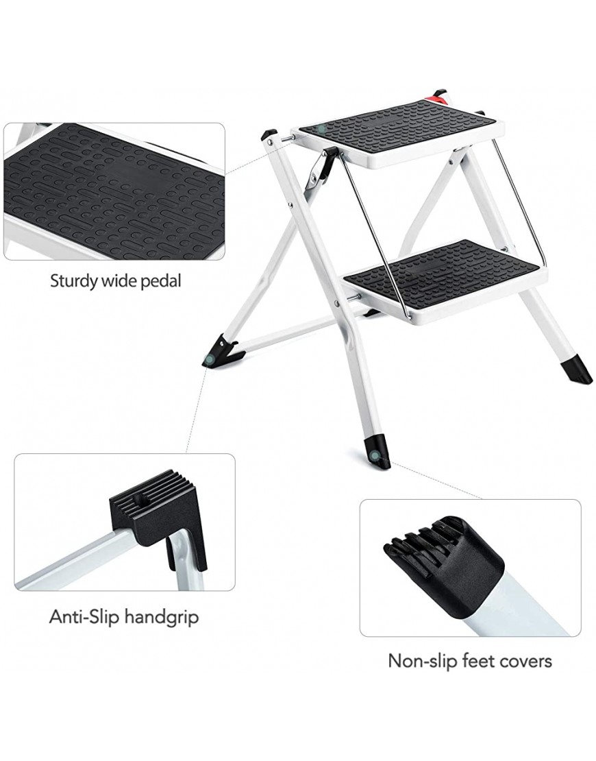 ACSTEP 2 Steel Step Stool Step ladders for Adults and Kids Lightweight White Folding Two Step Ladder Sturdy and Anti-Slip Wide Pedal Steel Ladder Mini-Stool 300lbs White - BMEM4GKHP