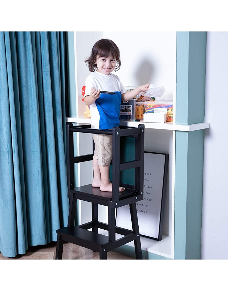 HOUCHICS Kitchen Step Stool for Kids and Toddlers with Safety Rail Wood Step Stool Helper Standing Tower Learning Stool for Bathroom & Kitchen Counter - BOC7KV9DP