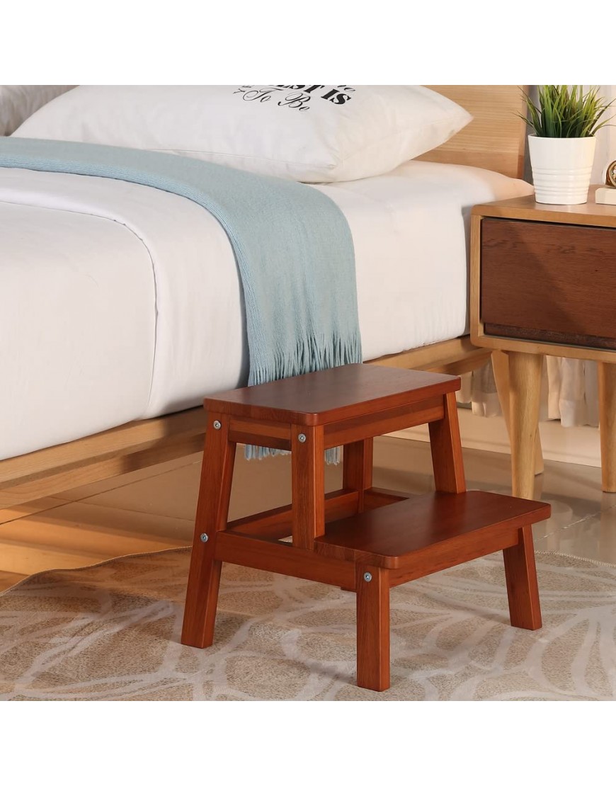 HOUCHICS Wooden Step Stool for Adults Kids Solid Wood Bed Step Stool Multi-Purpose 2-Step Stool for Kitchen Bed Bathroom with 260lb Load Capacity Walnut - B4OBF3NNP