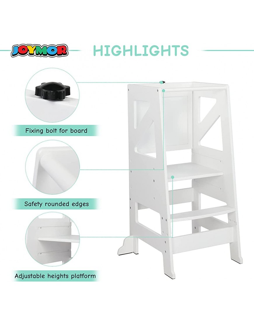 JOYMOR Kids Kitchen Step Stool Wooden Learning Stool with with Safety Rail & Chalkboard Adjustable Kitchen Counter Mothers' Helper Toddler Standing Tower White - BU5W67GXS