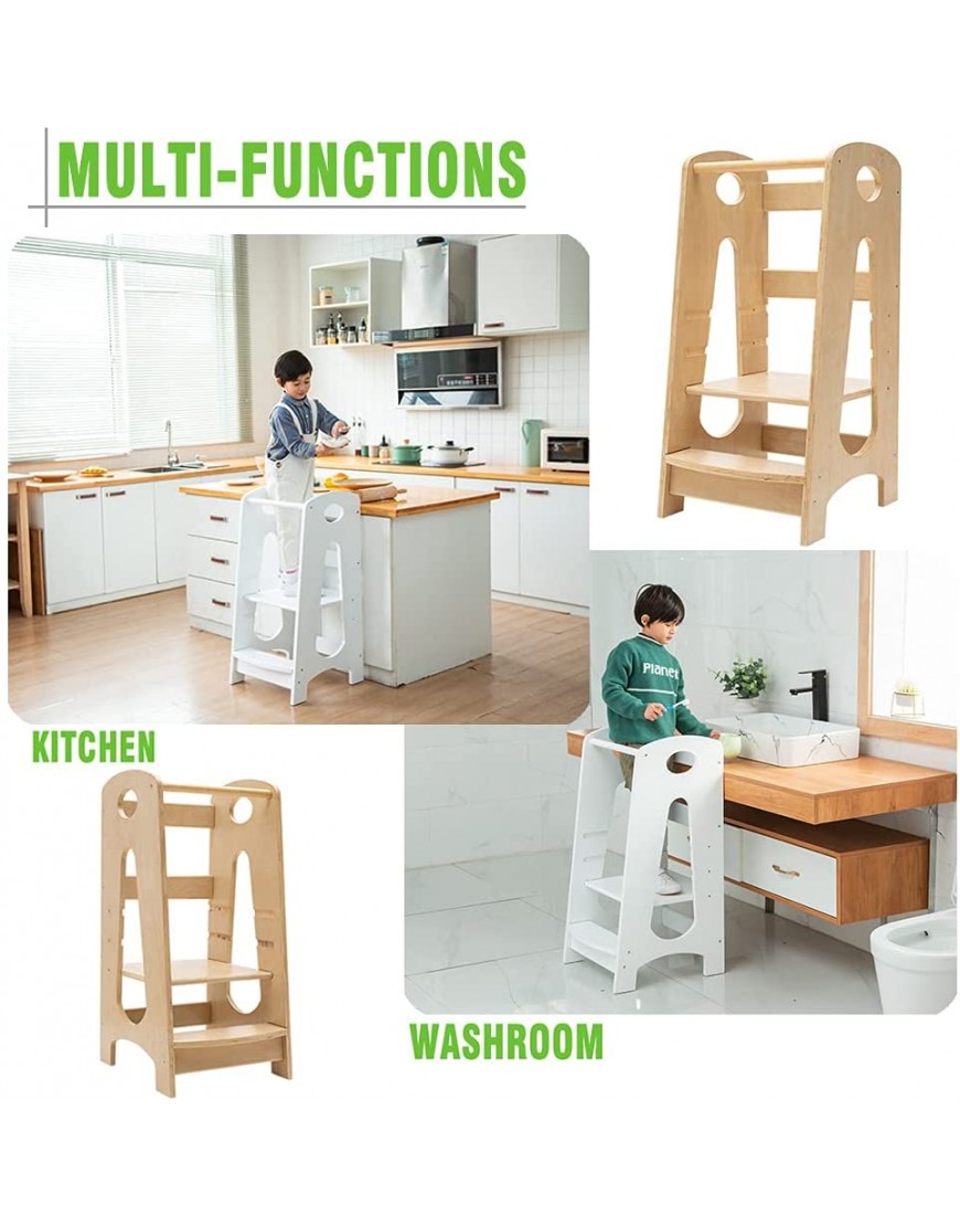 KATARUS Kitchen Step Stool for Kids and Toddlers with Safety Rail Children Standing Tower for Kitchen Counter 3 Heights Adjustable Step Up Stool Mother's Helper Solid Wood Construction Natural - BNU6VU9PP