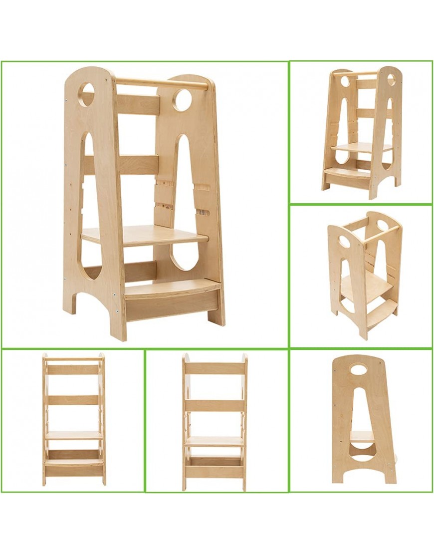 KATARUS Kitchen Step Stool for Kids and Toddlers with Safety Rail Children Standing Tower for Kitchen Counter 3 Heights Adjustable Step Up Stool Mother's Helper Solid Wood Construction Natural - BNU6VU9PP