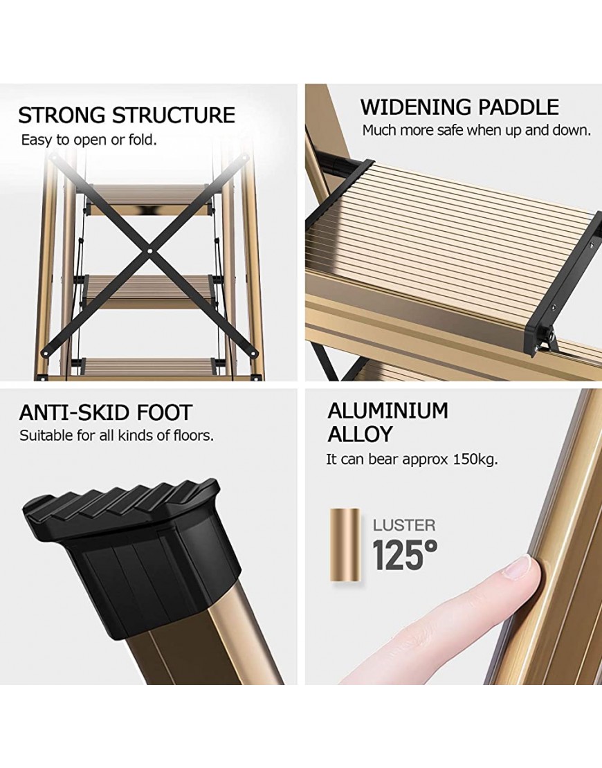 Lightweight Aluminum 4 Step Ladder Folding Step Stool Stepladders with Anti-Slip and Wide Pedal for Home and Kitchen Use Space Saving Brown Gold - BIOWJA0A3