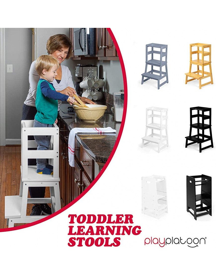 Play Platoon Toddler Kitchen Stool with Adjustable Height White Wooden Step Stool Standing Tower for Kids Kitchen Counter Learning - BM2EPWAJW