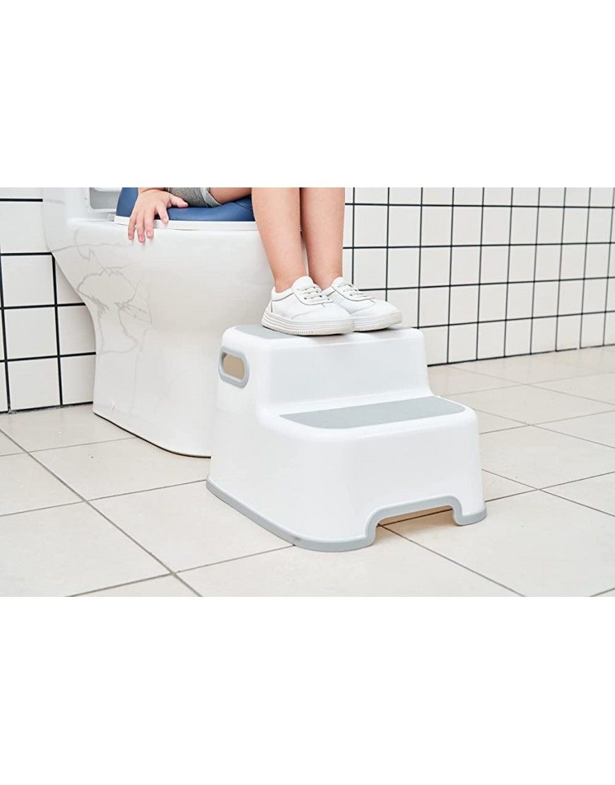 UNCLE WU Kids Step Stool 2 Pack Toddler Step Up Stool Adjustable Height for Kitchen Bathroom Safety Bottom as Toilet Stool Dual Height & Wide 2 Step Stool for Kids Adult Gray White - BQ1EYS8S8