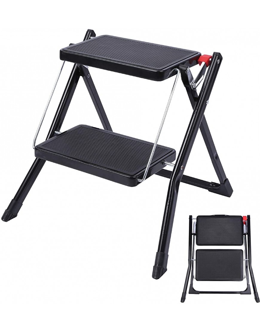 Varbucamp 2 Step Stool Folding Step Stool for Adults Lightweight Portable Small 2 Step Ladder with Wide Pedal for Kitchen and Household Black - B8BMJ0I1B
