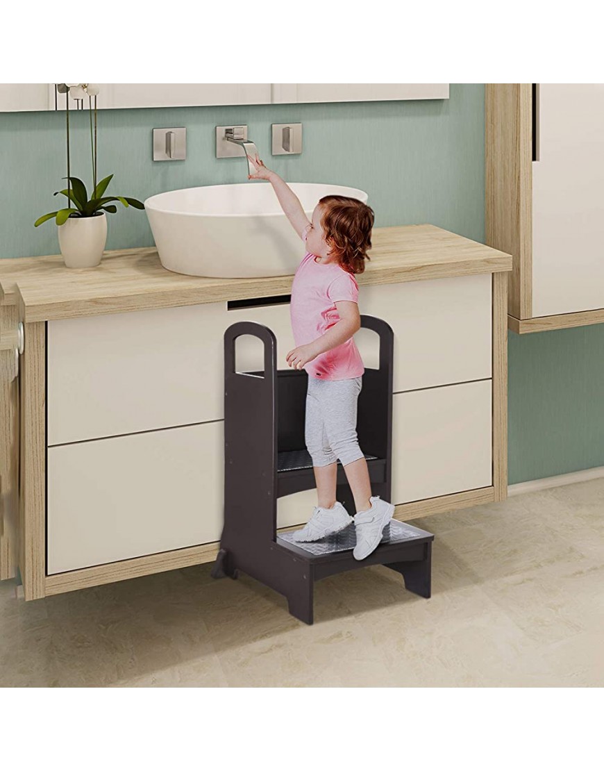 YOUNIS Toddler Step Stool Sink Kitchen Step Stool for Kids Two-Step Wood Children Standing Stool with Support Handles and Non-Slip Mat Safety Kids Stool for Home Kitchen Bedroom Espresso - BTS9MCE4Z