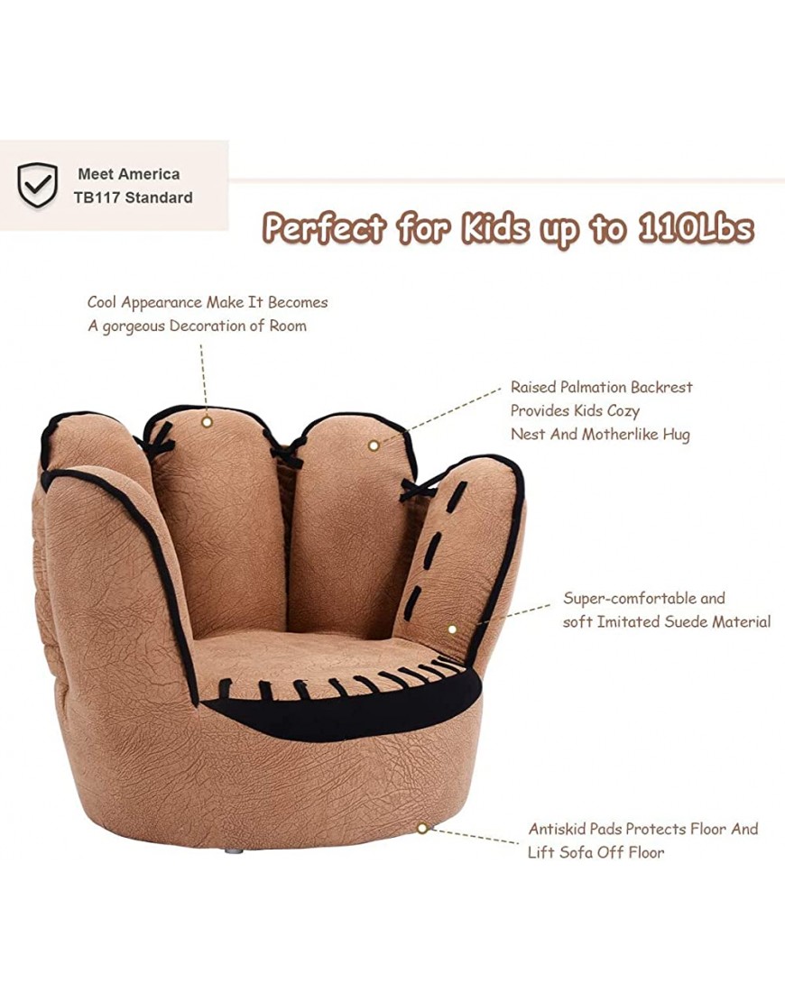 ARLIME Kids Sofa Upholstered Toddler Couch Chair with Wood Construction Baseball Glove Shaped Toddler Armchair for Boys Girls Brown - B0NKWJ5R3