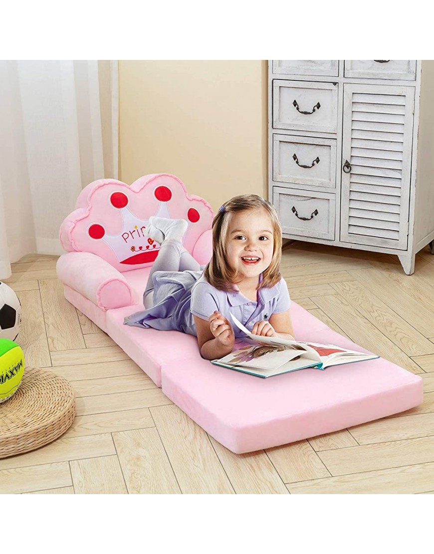 HIGOGOGO Pink Foldable Kids Sofa Plush Children Couch Backrest Armchair Bed with Pocket Cartoon Upholstered 2 in 1 Flip Open Couch Seat for Infant Toddler Baby Girls Crown - B4898X6NC