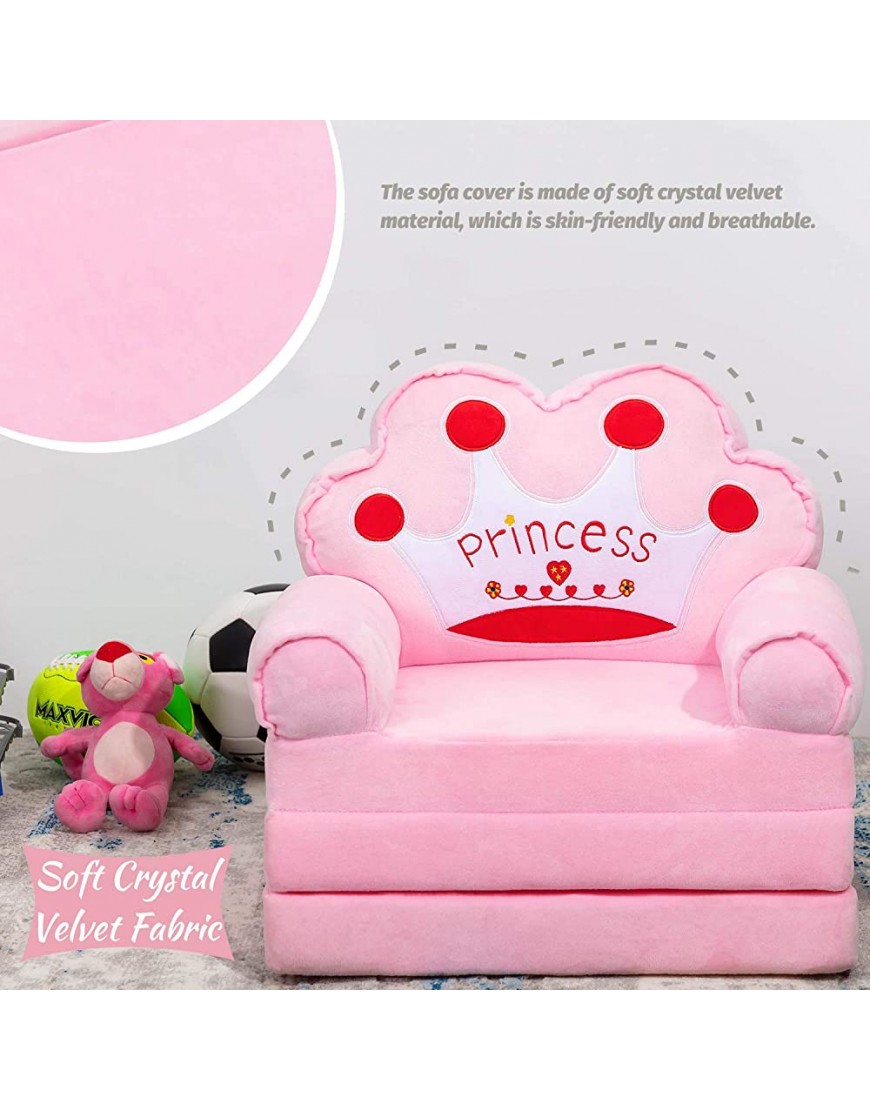 HIGOGOGO Pink Foldable Kids Sofa Plush Children Couch Backrest Armchair Bed with Pocket Cartoon Upholstered 2 in 1 Flip Open Couch Seat for Infant Toddler Baby Girls Crown - B4898X6NC