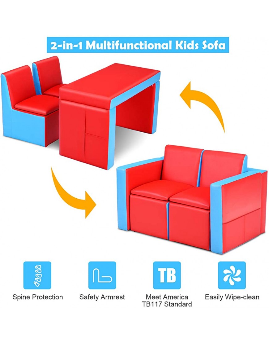 HONEY JOY 2-in-1 Convertible Kids Sofa PVC Leather Toddler Couch Lounger Bed Multifunctional Padded Armchair w Wooden Frame Double Seat with Storage Space - BMBWUHZPX