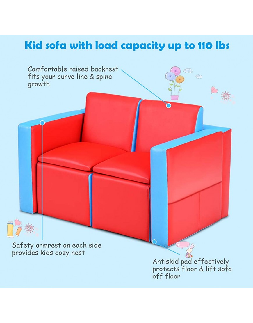 HONEY JOY 2-in-1 Convertible Kids Sofa PVC Leather Toddler Couch Lounger Bed Multifunctional Padded Armchair w Wooden Frame Double Seat with Storage Space - BMBWUHZPX